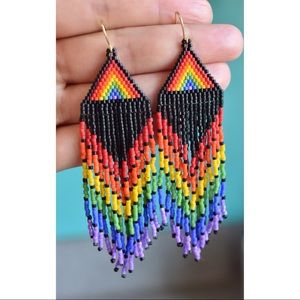 Black and rainbow handbeaded earrings, long
